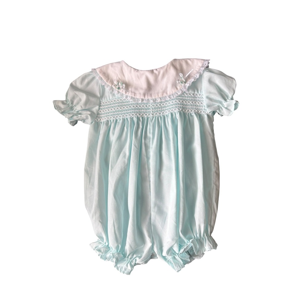 Vintage Alexis Baby Bubble Romper NB Light Blue Smocked Peter Pan Collar USA
